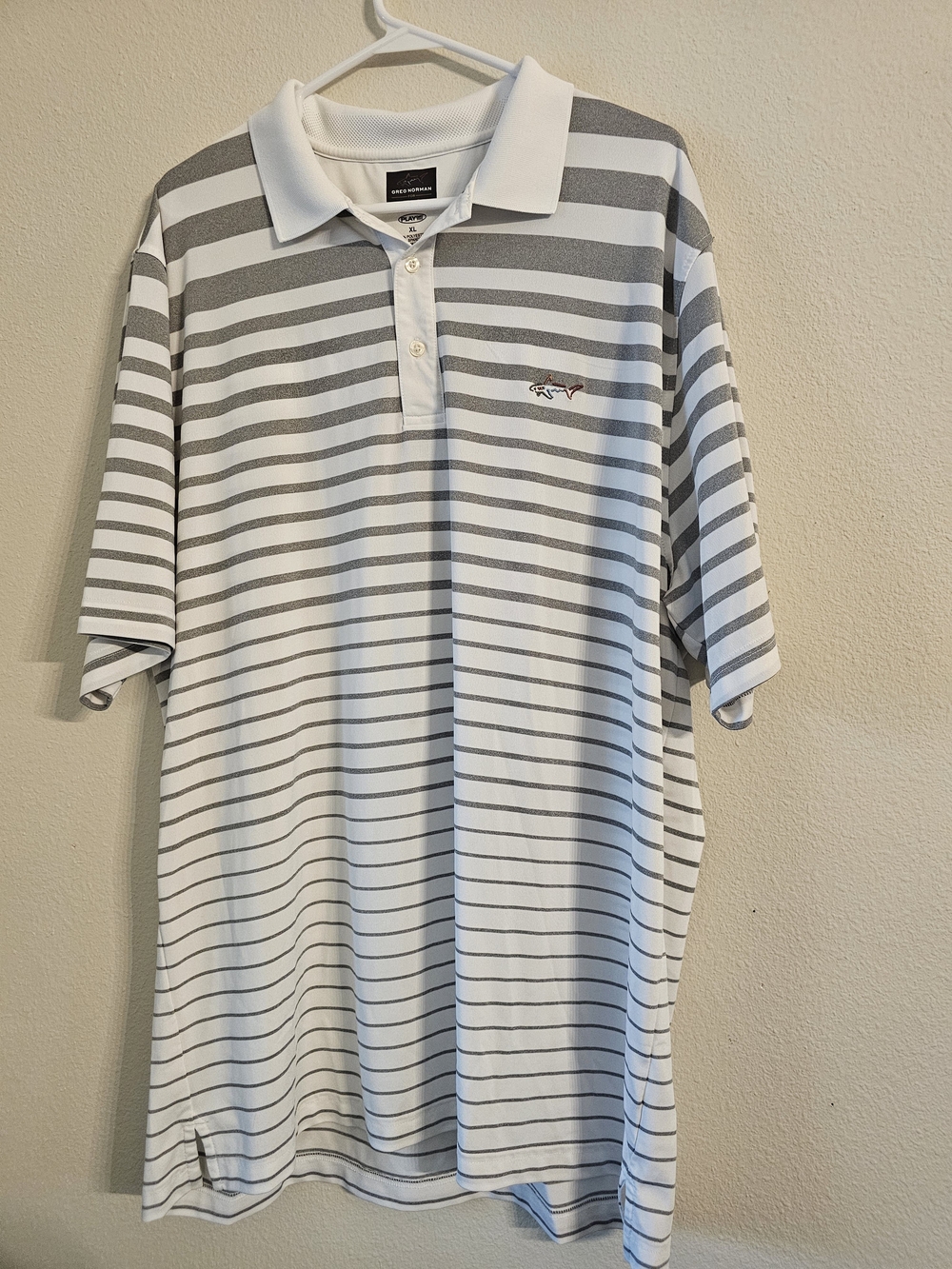Greg Norman For Tasso Elba - Play Dry White and Gray Striped Polo Shirt